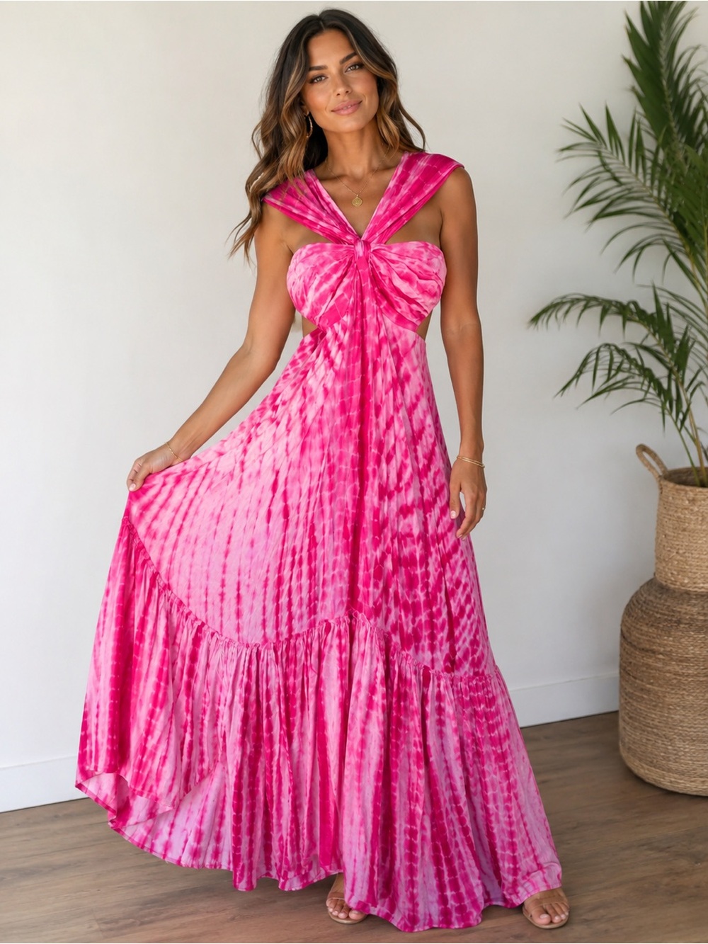 Pink Tie-Dye Halter Maxi Dress